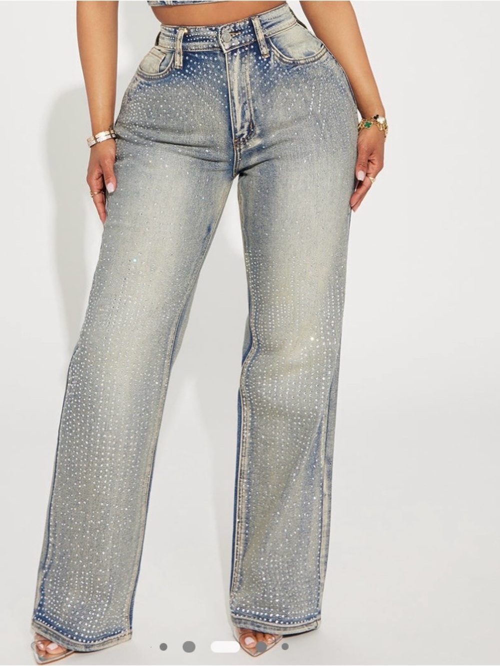 Fashion Nova Light Blue Rhinestone Wide-Leg Jeans